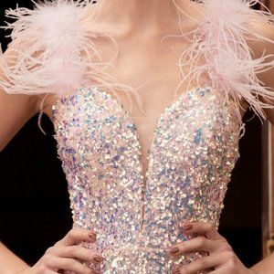 Shimmering Sequins and Feathers: Cinderella Divine's CD248 Gown for Unforgettable Occasions